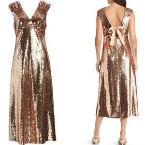 Adelyn Rae Konnie Sequin V-Neck Cap Sleeves Bow Tie Back Midi Dress New!